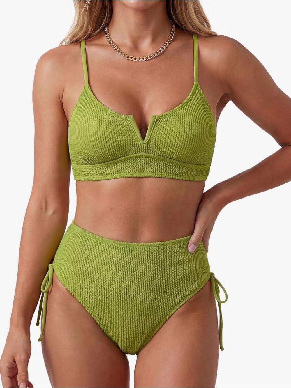 Textured High-Waist Bikini Set in Lime Green